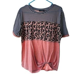 Simple Flavor Leopard Print Pink Twist Knot T-Shirt Short Sleeve Top Size XL